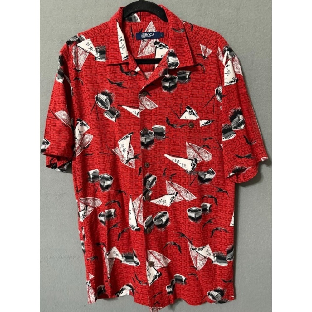 Boca Classics Hawaiian Shirt Men Large Red Sailboat Print Short Sleeve 100%Rayon